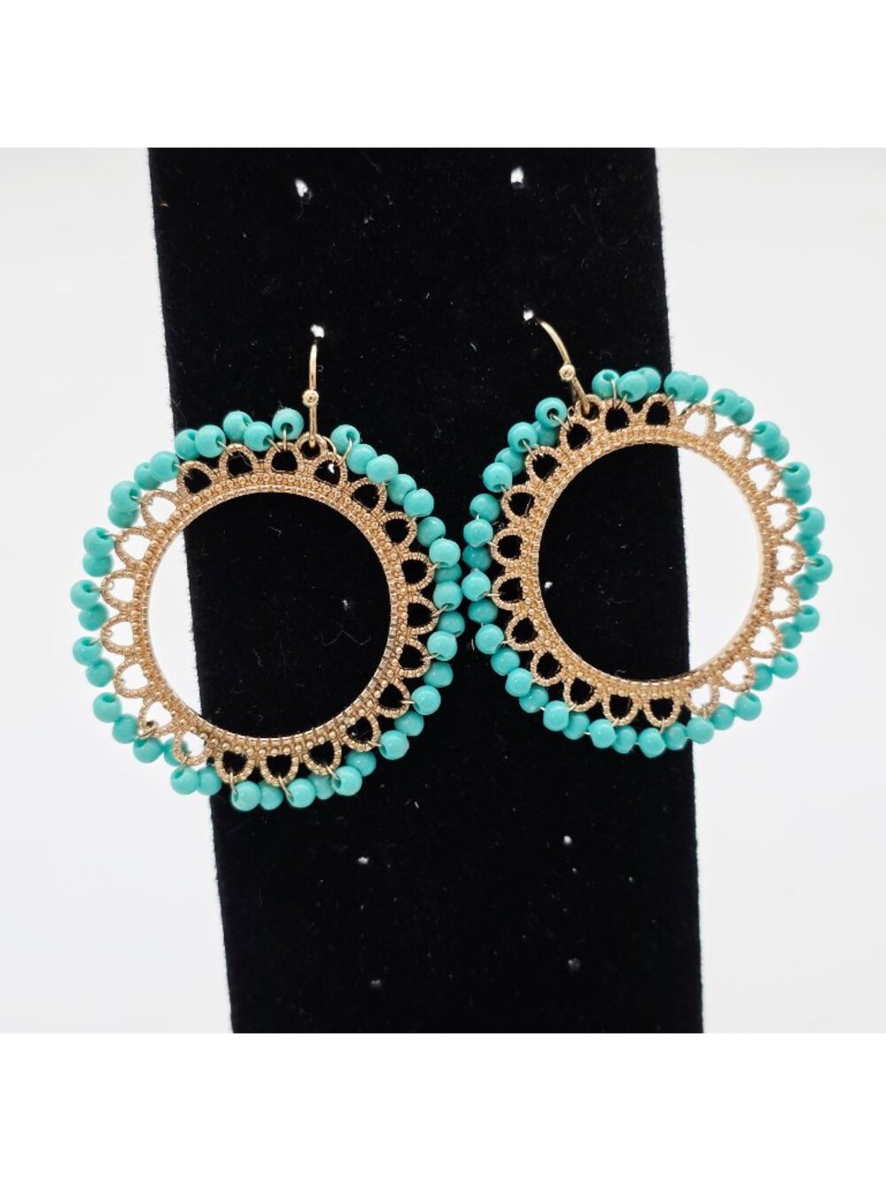 Gold-Tone Hoop Earrings With Turquoise Beads & Intricate Cutout Design